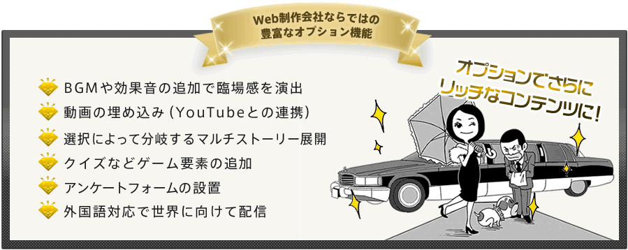 Web制作会社ならではの豊富なオプション機能 BGMや効果音の追加で臨場感を演出 動画の埋め込み（YouTubeとの連携） 選択によって分岐するマルチストーリー展開 クイズなどゲーム要素の追加 アンケートフォームの設置 外国語対応で世界に向けて配信